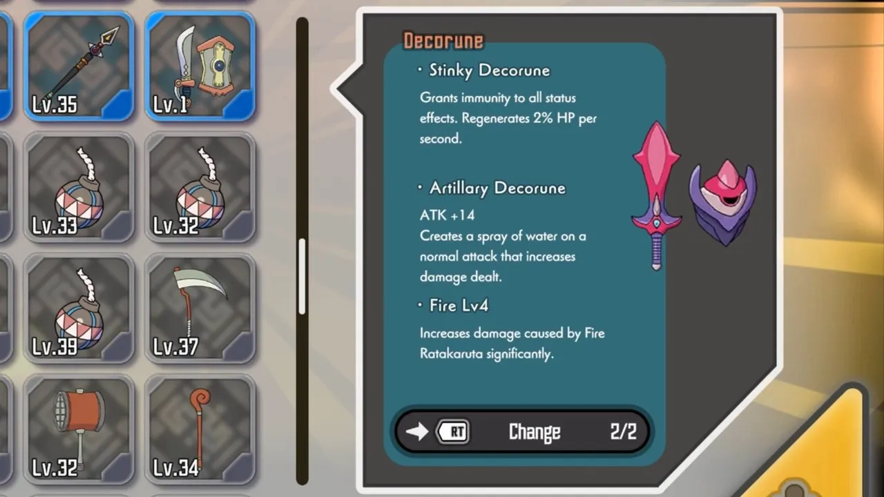 Ratatan weapons Stinky Sword Mythic Decorune panel with status immunity and HP regeneration